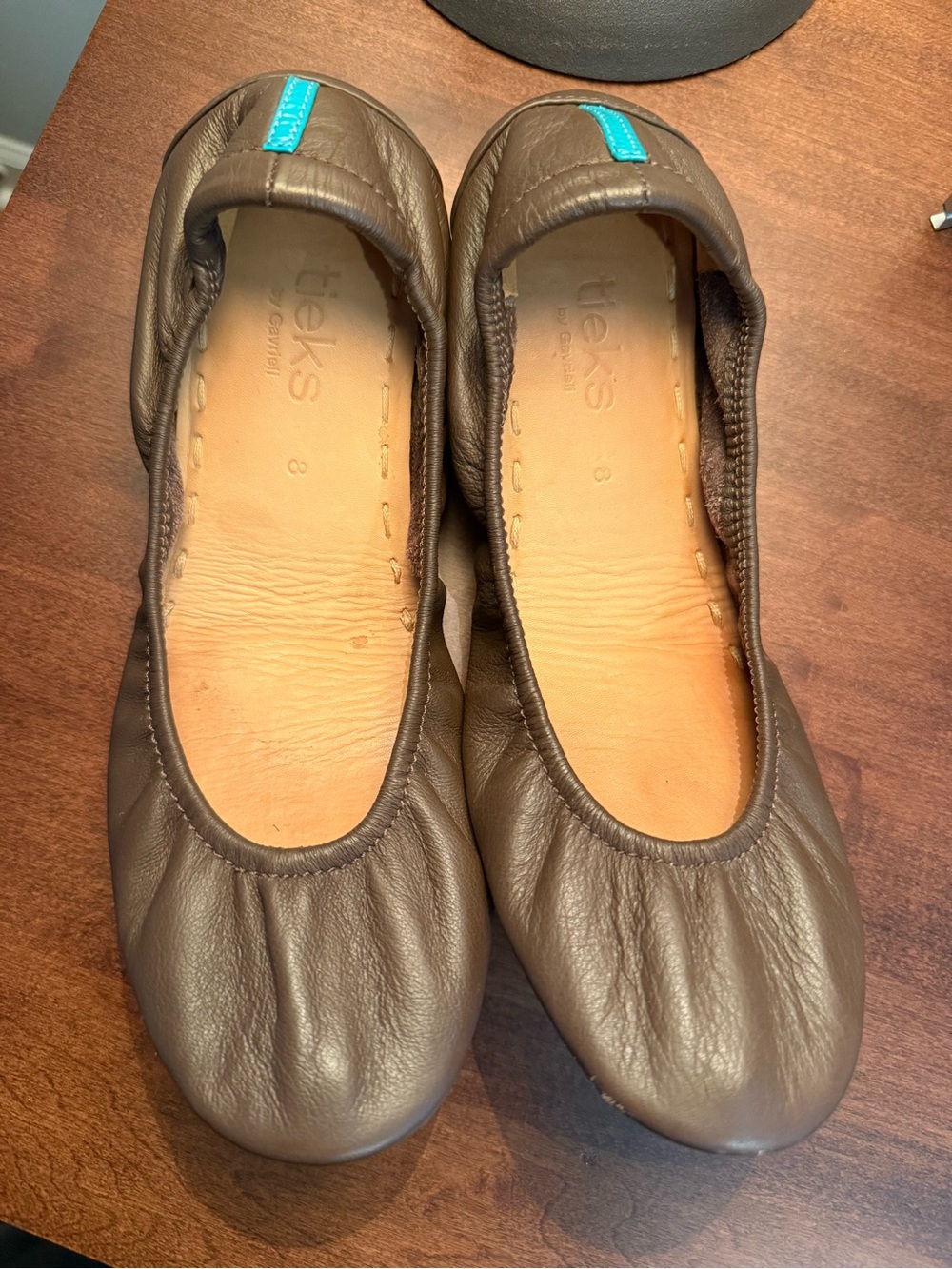 Tieks Brown Leather Ballet Flats with Turquoise Tab - Women's